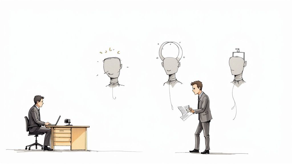 A man at a laptop, another reviewing papers, and three abstract heads representing different thinking processes.