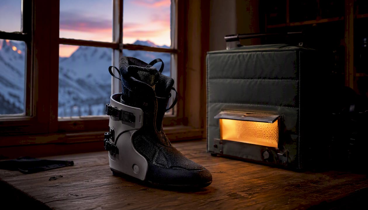 Ski boot liner beside a heating oven