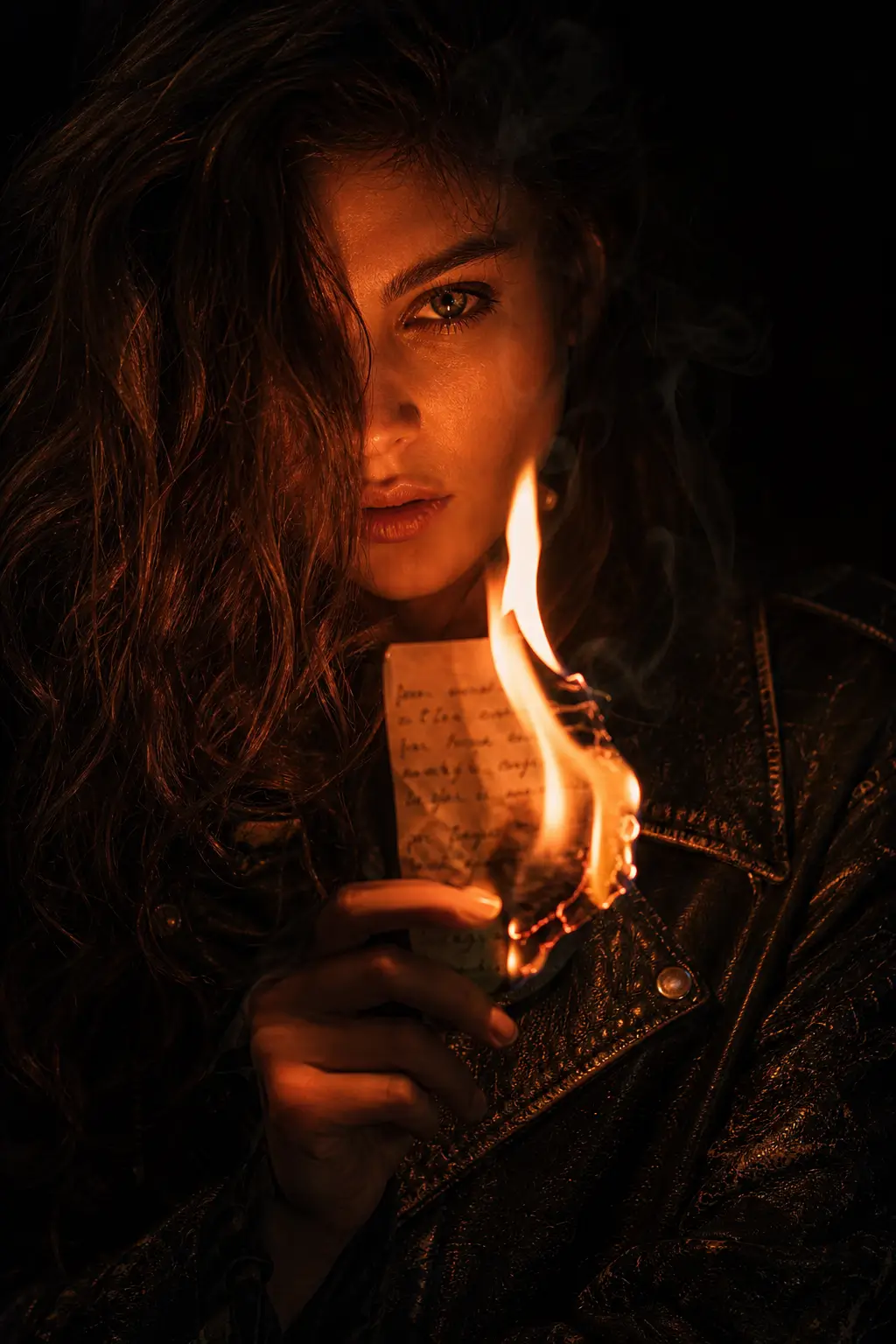 AI-generated cinematic portrait of a woman illuminated by dramatic firelight against a dark atmospheric background.