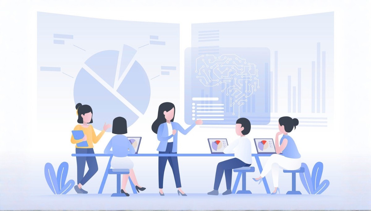 Illustration of team in modern office analyzing data visualizations on screen, including charts and neural network graphics—symbolizing collaborative evaluation of AI systems, performance metrics, and model behavior.