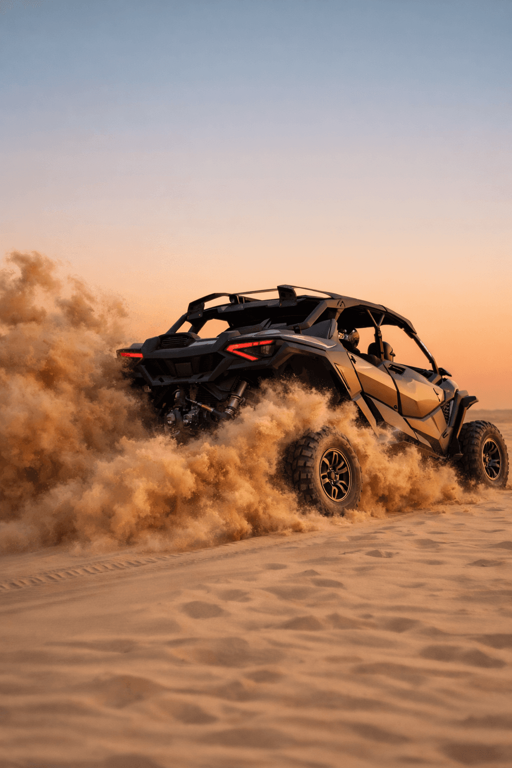 Guests enjoying an evening desert safari in Dubai with dune adventure, sunset views, and traditional dinner show by Dune Quest Tours
