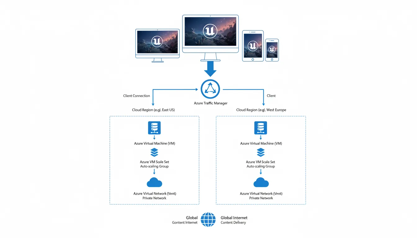 A clean and minimalist technical architecture diagram illustrating a cloud computing setup for Unreal Engine Pixel Streaming on Microsoft Azure, flat 2D vector style, on a solid white background. At the top, a central group of devices (monitor, laptop, tablet, smartphone) display a cinematic video game environment with the prominent white Unreal Engine 'U' logo. An arrow points down to a central blue Azure Traffic Manager icon. Below this, two parallel vertical sections are enclosed in dashed boxes, representing different cloud regions. Inside each region, blue arrows connect a sequence of blue Azure service icons: a VM icon, a VM Scale Set icon, and a VNet icon. The diagram uses thin blue lines and arrows to show data flow. All icons are accompanied by abstracted placeholder text lines.
