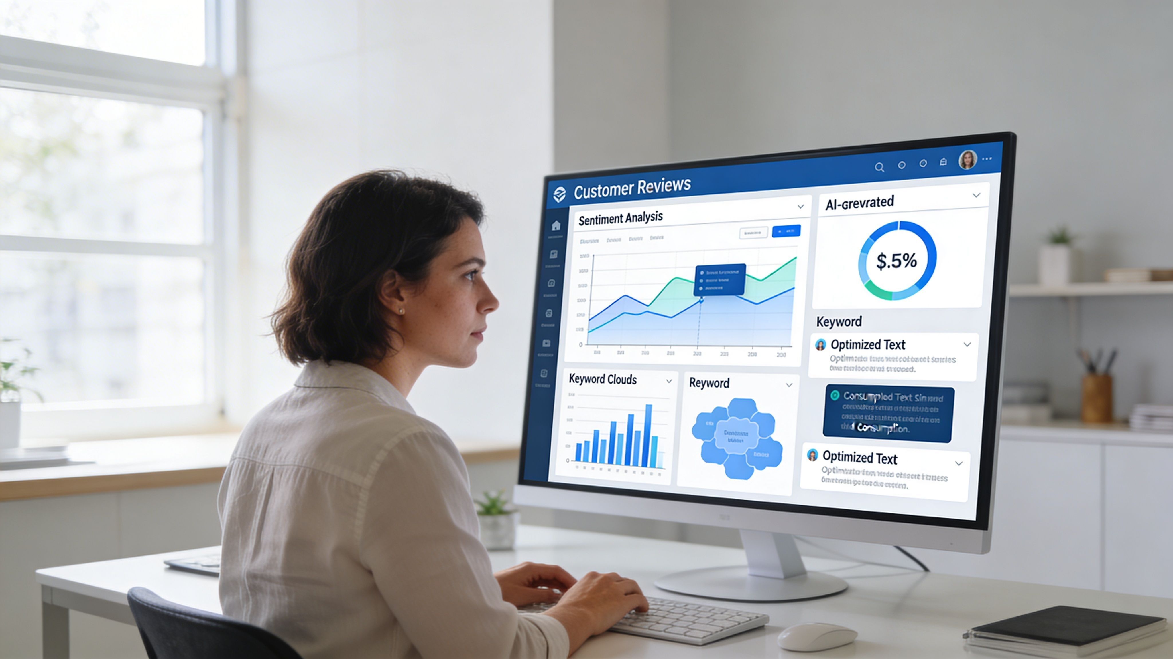 A professional woman analyzes customer sentiment and keyword data using an AI-powered software dashboard on her monitor.