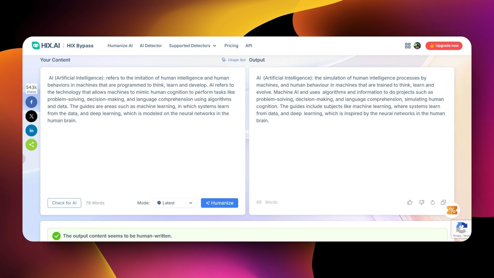 Screenshot of HIX AI humanizer interface with input and output panels showing rewritten text, humanization results, and a “Check for AI” option.