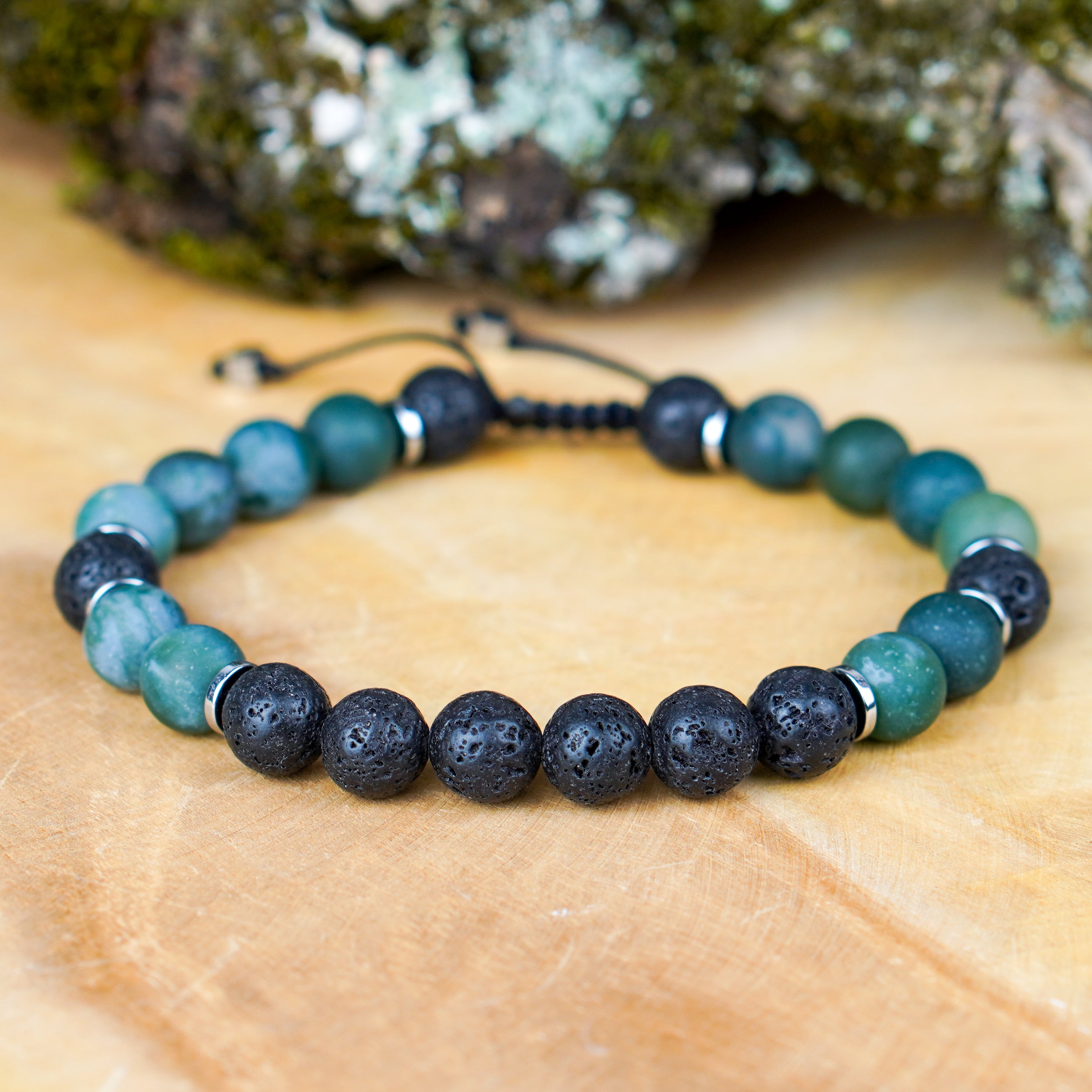 Bransoletka męska RAW z agatem mszystym i lawą wulkaniczną – talizman odrodzenia