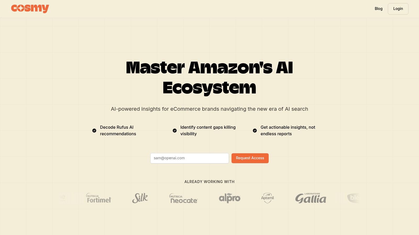 A visual representation of Cosmy's AI analysis process, showing how it decodes signals from Amazon's Rufus and CoSMo to provide actionable content insights for sellers.