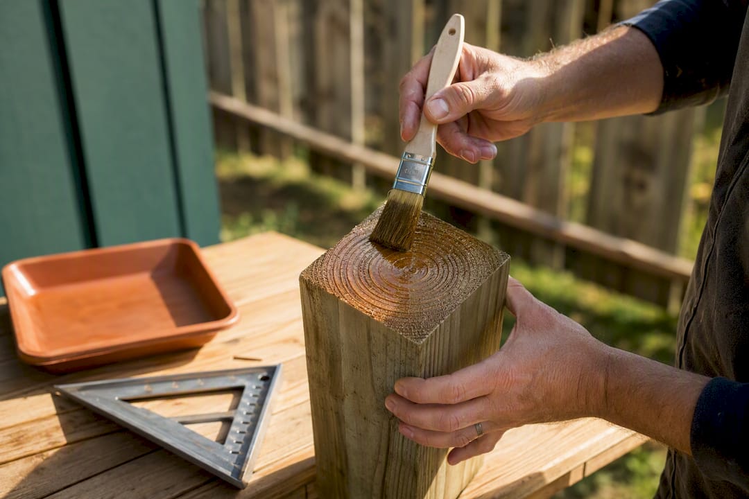 Preservative applied to a freshly cut fence post