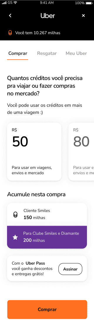 Tela do projeto Créditos de Uber pagos com milhas