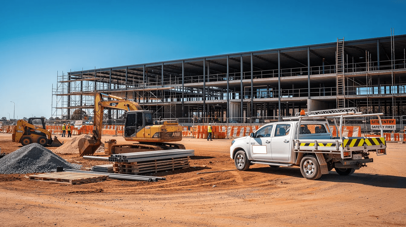 The image depicts construction equipment and a work vehicle parked at a building site in Australia, highlighting the essential tools for managing cash flow in construction projects. Effective cash flow management is crucial for covering operating expenses and ensuring business success in the industry.