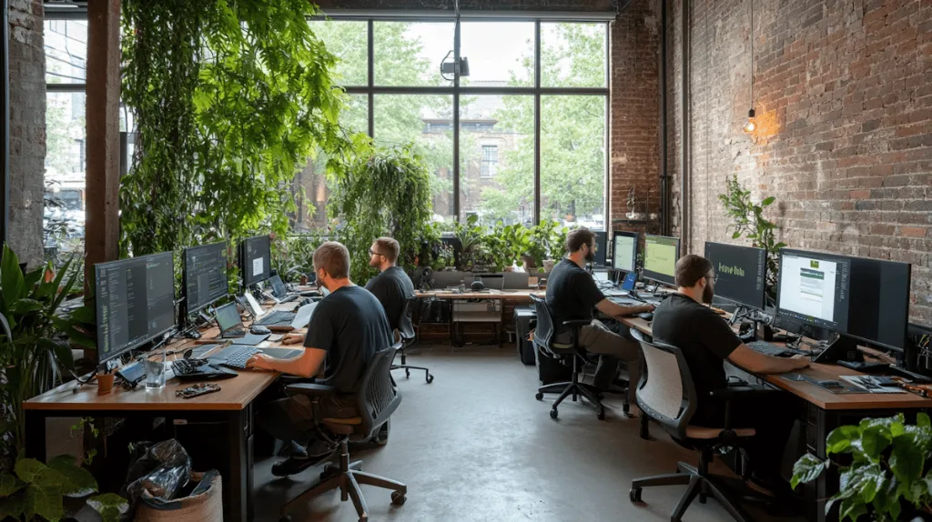 Four men working in a spacious office with large windows and lush greenery