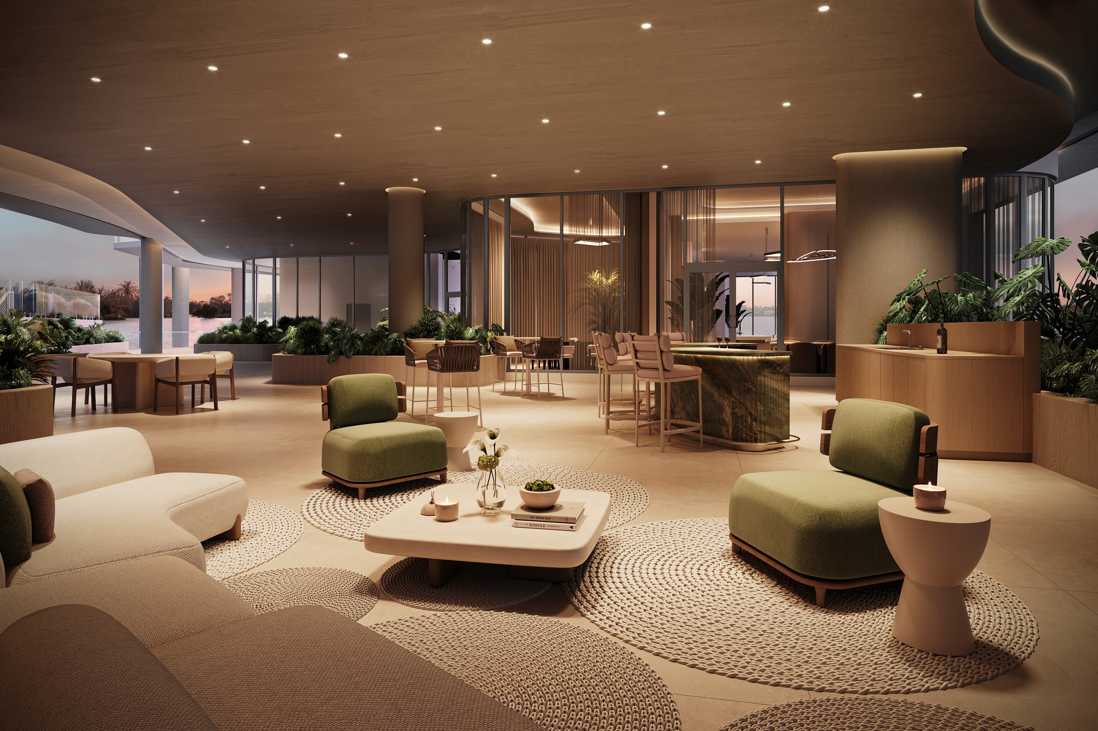 Indoor-outdoor resident gathering space at Hollywood Moon condos for sale Hollywood Beach FL.