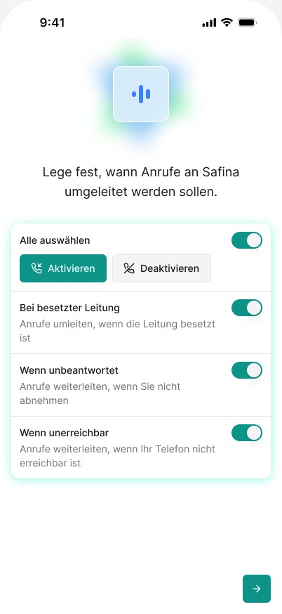 Safina AI App-Screen: Einstellungsseite für Anrufweiterleitung mit weißem Hintergrund und türkisfarbenen Schaltern. Zeigt Optionen für 'Alle auswählen', 'Bei besetzter Leitung', 'Wenn unbeantwortet' und 'Wenn unerreichbar' mit Aktivieren/Deaktivieren-Buttons.