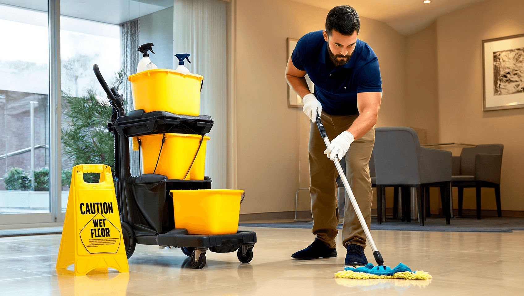 anitorial professional mopping a modern Florida office floor with yellow cleaning equipment.