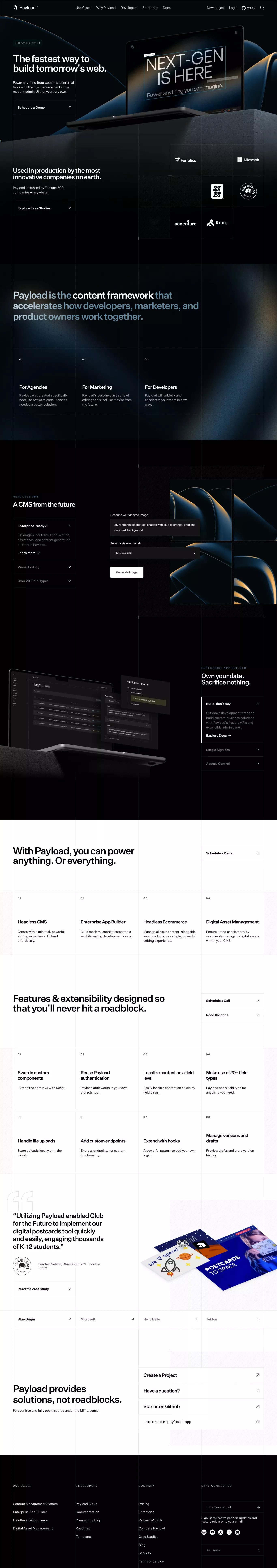 Payload: The fastest growing open-source landing page screenshot showcasing Tech design