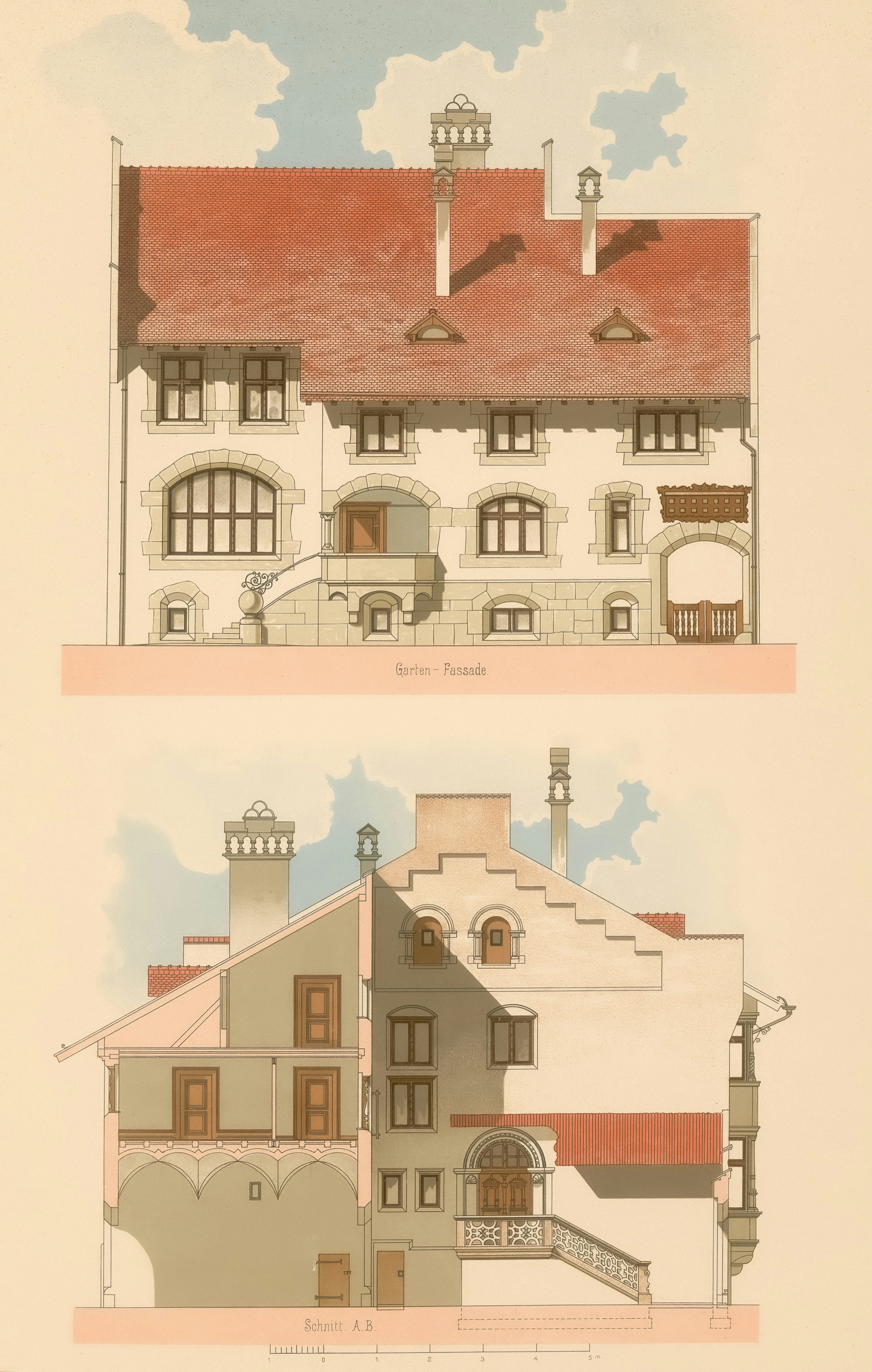 Title: Villa Hugo Hartung, Berlin-Charlottenburg: Schnitt und Ansicht (aus: Moderne Architektur, hrsg. Lambert & Stahl, Stuttgart 1891) Creator: Hugo Hartung Lambert & Stahl (Stuttgart) Date: 1888/1889 Providing institution: Museum of Architecture at Berlin Institute of Technology Aggregator: German Digital Library Providing Country: Germany CC0 Villa Hugo Hartung, Berlin-Charlottenburg: Schnitt und Ansicht (aus: Moderne Architektur, hrsg. Lambert & Stahl, Stuttgart 1891) by Hugo Hartung - Museum of Architecture at Berlin Institute of Technology, Germany - CC0.