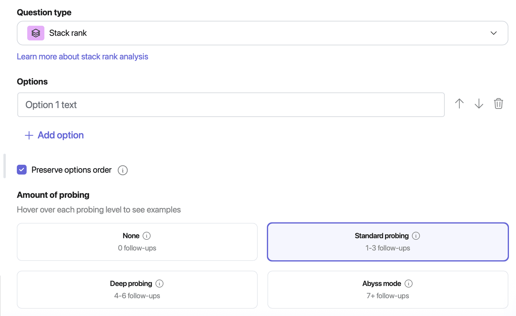 Interface for configuring interview question type, answer options, and probing depth