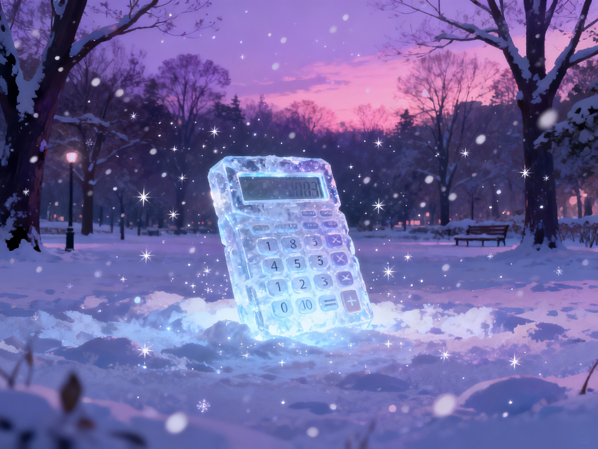 A fine-art illustration in a wide landscape format showing a whimsical winter scene at twilight