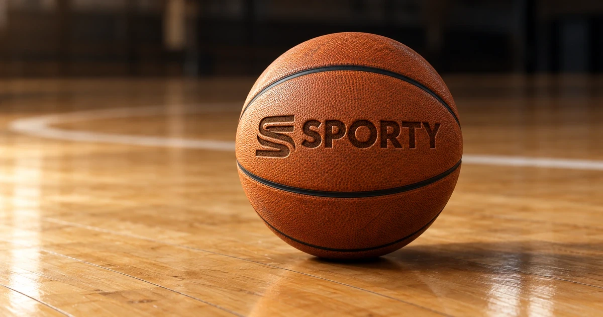 basketball on a court with SPORTY on it