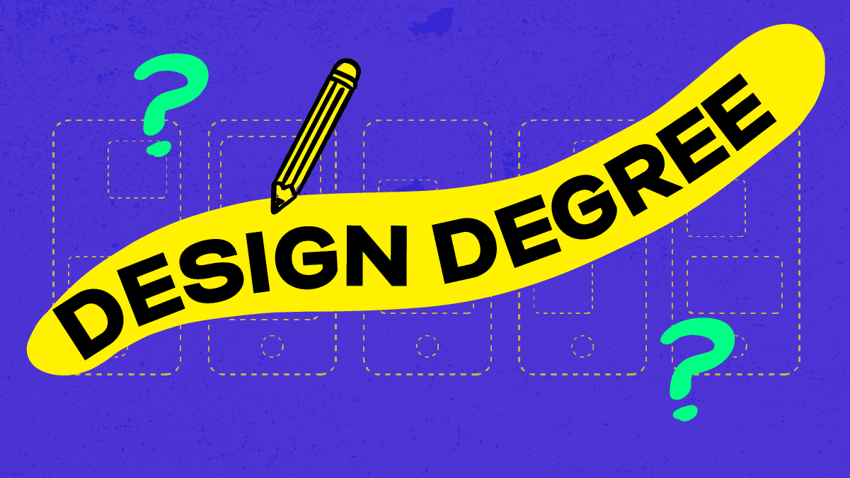 Bold graphic with pencil icon and question marks asking whether to pursue a design degree