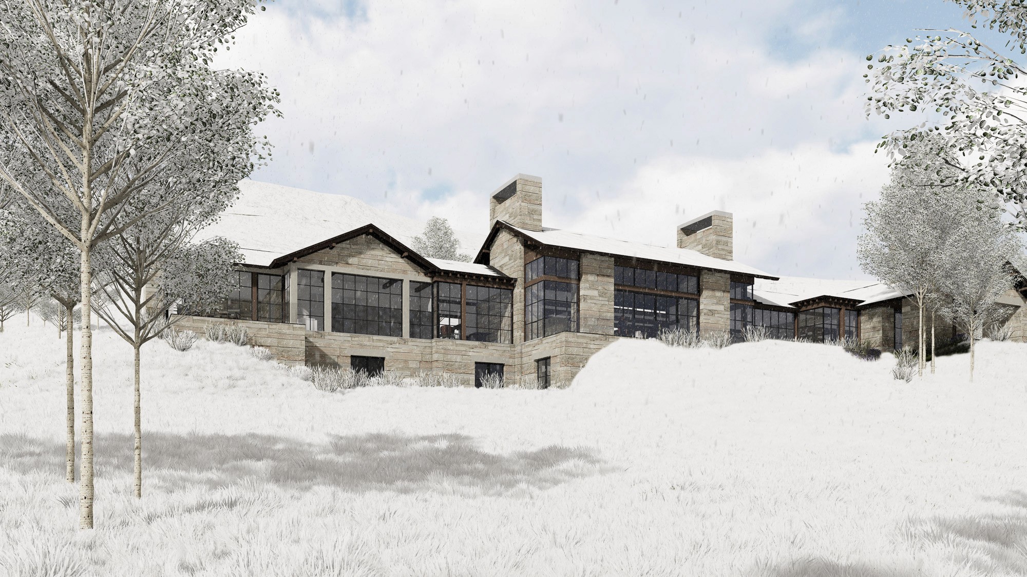 A large, contemporary mountain house with stone walls and floor-to-ceiling windows. Owner's Representation by Curated by Streeter.