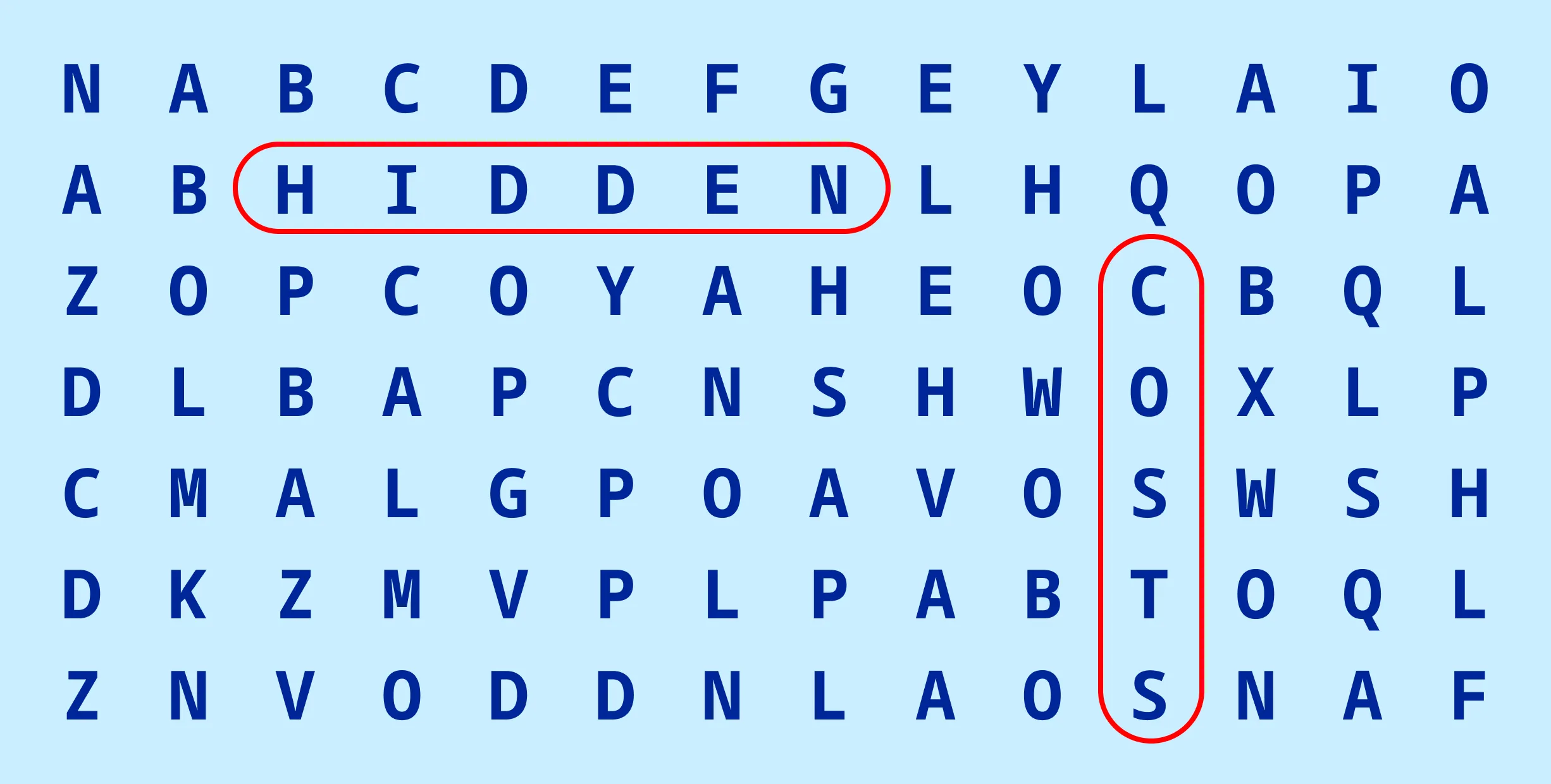 A hidden word puzzle in light blue with dark blue letters. The words "Hidden" and "Costs" are circled in red in the puzzle.