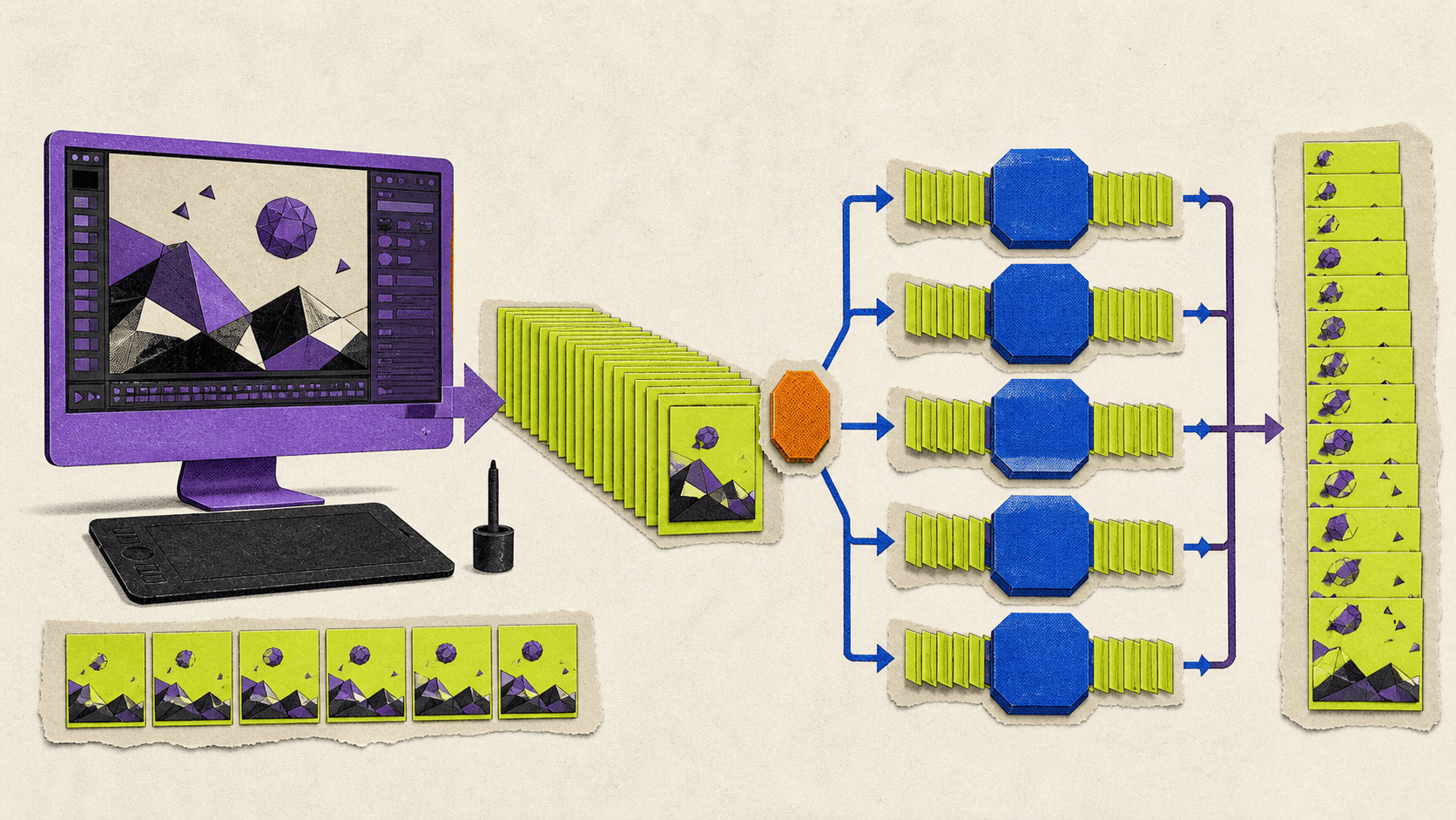 Editorial collage showing a cloud workstation completing smaller render jobs while a larger approved frame sequence branches into parallel render nodes.