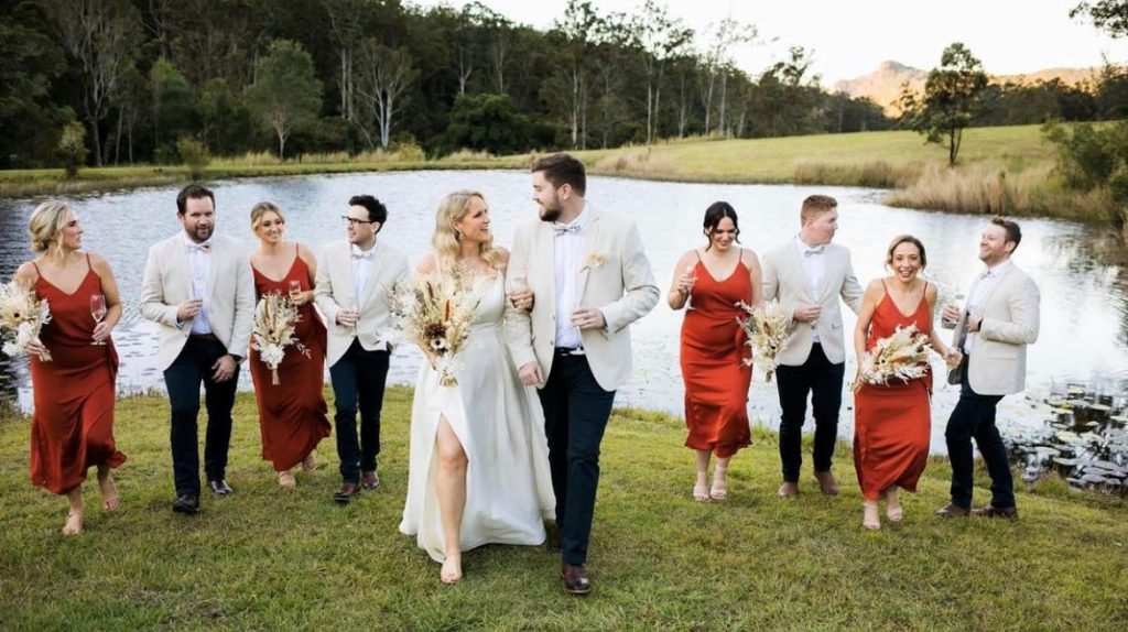 Bridal Party by the lake at Rosewood Estate