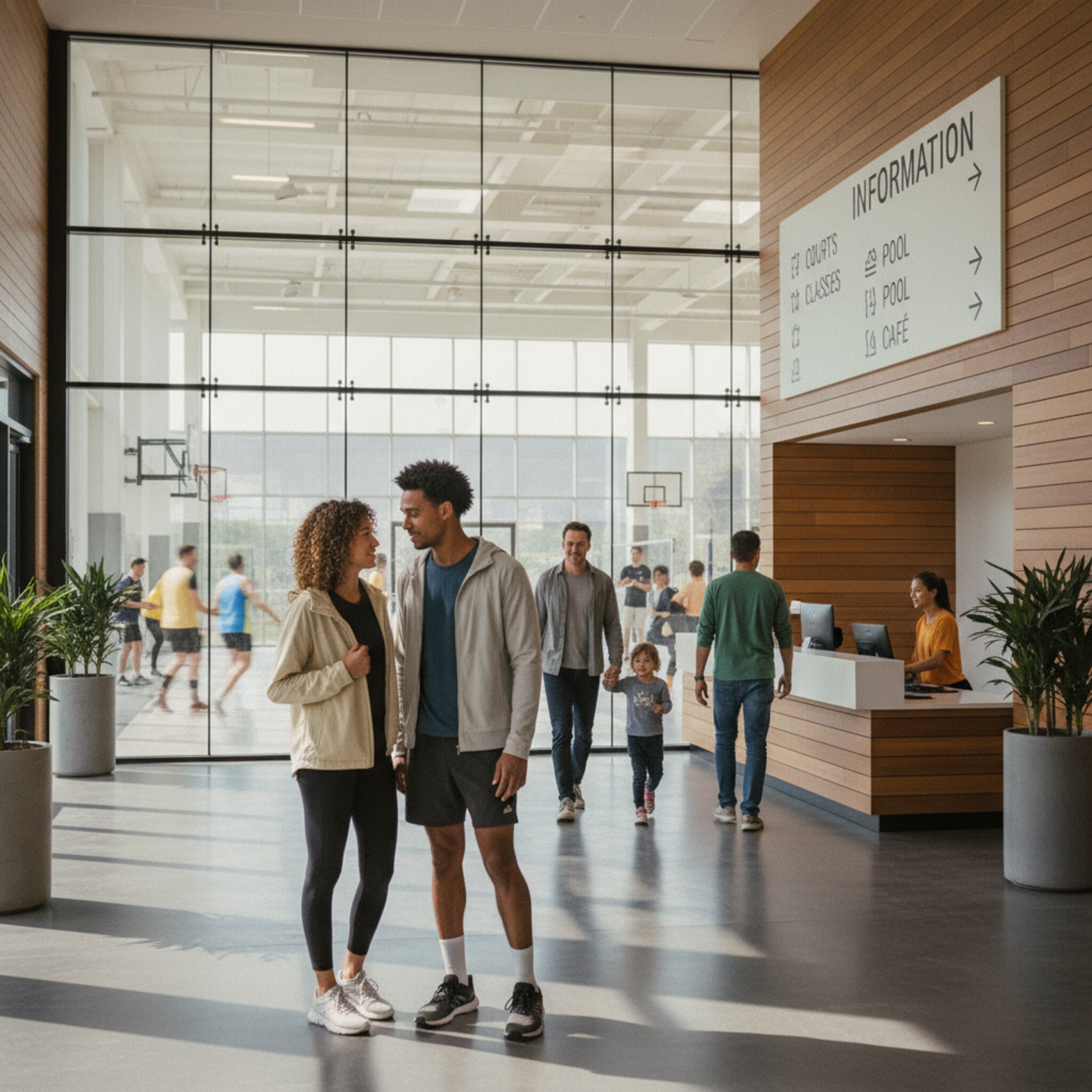 Im Foyer eines Sportcenters strömen entspannt Gäste an einer gut ausgeschilderten Infowand vorbei. Zwei Personen besprechen leise ihren nächsten Spieltermin, während durch die Glasfront aktive Courts zu sehen sind. Die Umgebung ist klar, freundlich und einladend.