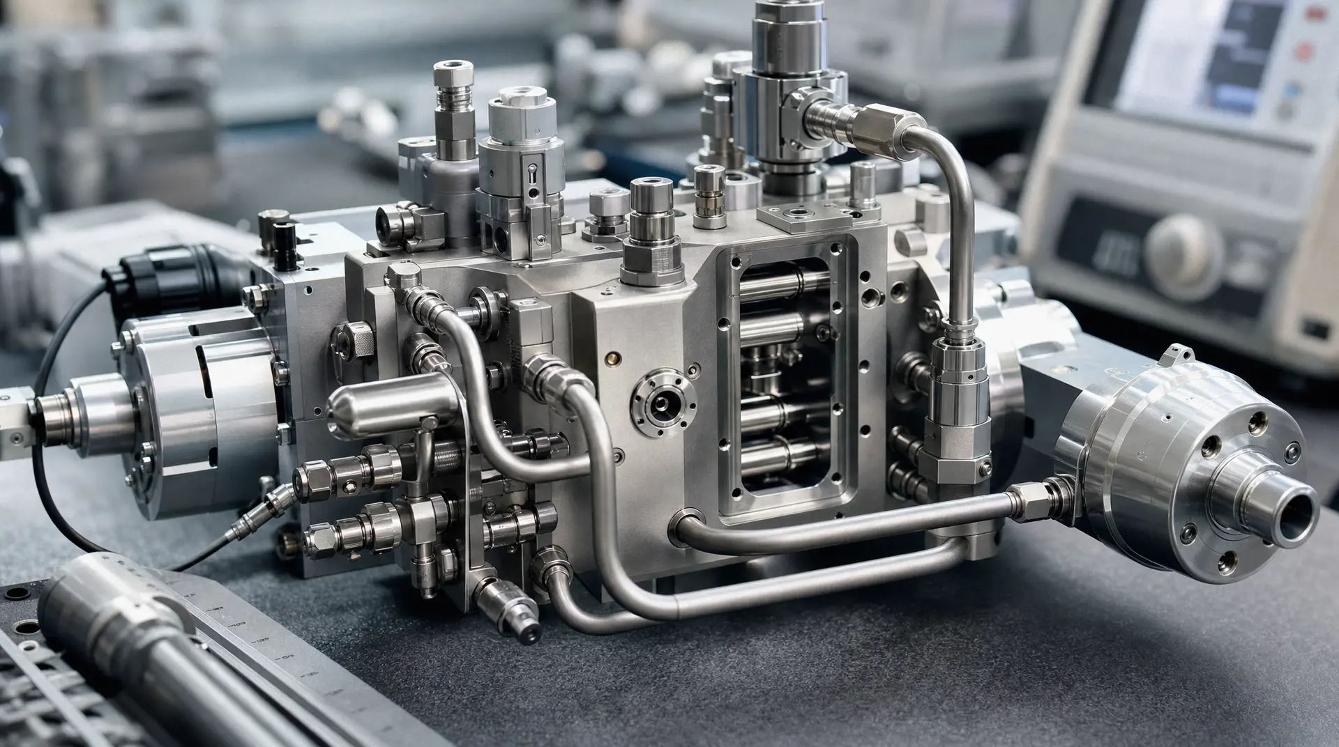 Close-up of a precision robotics assembly with metal housings, valves, and tubing, supporting robotics branding.