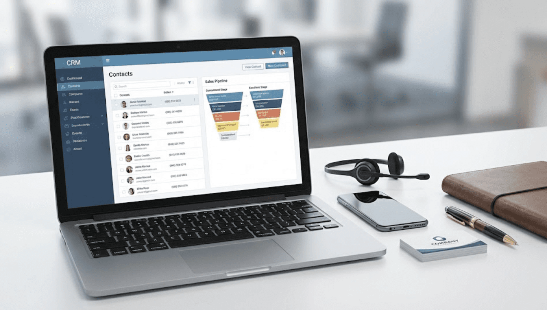 sales professional points to a data-driven CRM dashboard on a computer monitor