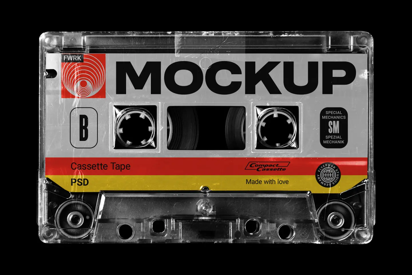 Retro Cassette Tape Mockup featuring a classic red and yellow label design with realistic plastic scratches