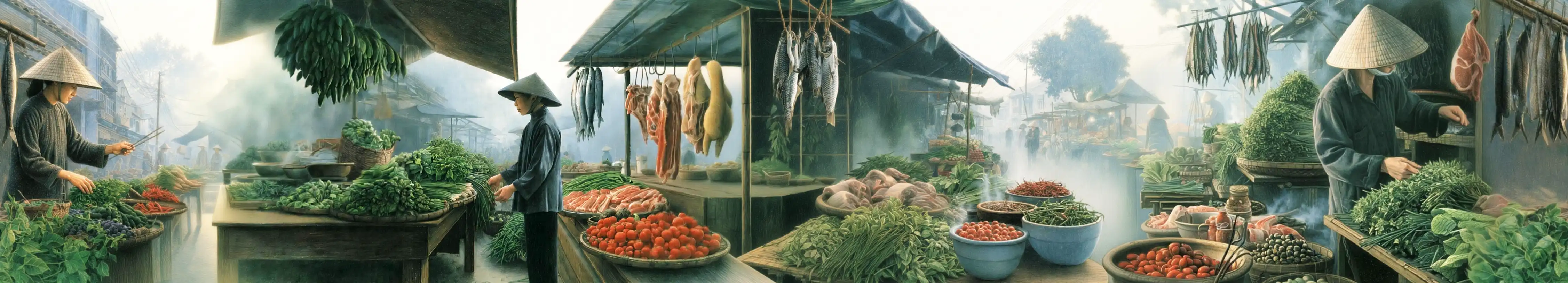 Pho Street Eats illustration of vendors serving fresh Vietnamese street food at a busy open-air market stall.
