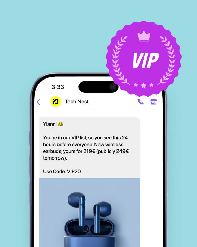 Viber messaging campaign showcasing a personalized message, targeting VIP customers, from an electronics and technology e-commerce store.