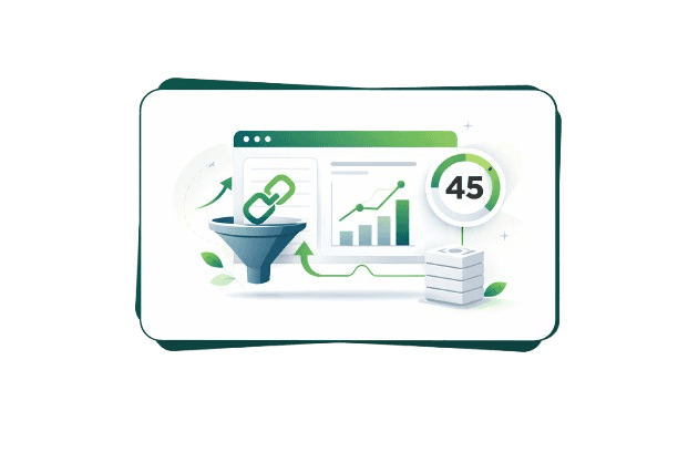Illustration of Majestic Trust Flow showing a website dashboard with trust score, backlinks, and authority signals inside a floating card.