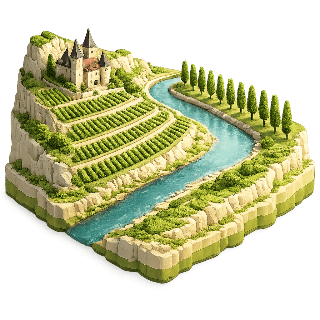 Artistic illustration of the Moselle Valley wine region.