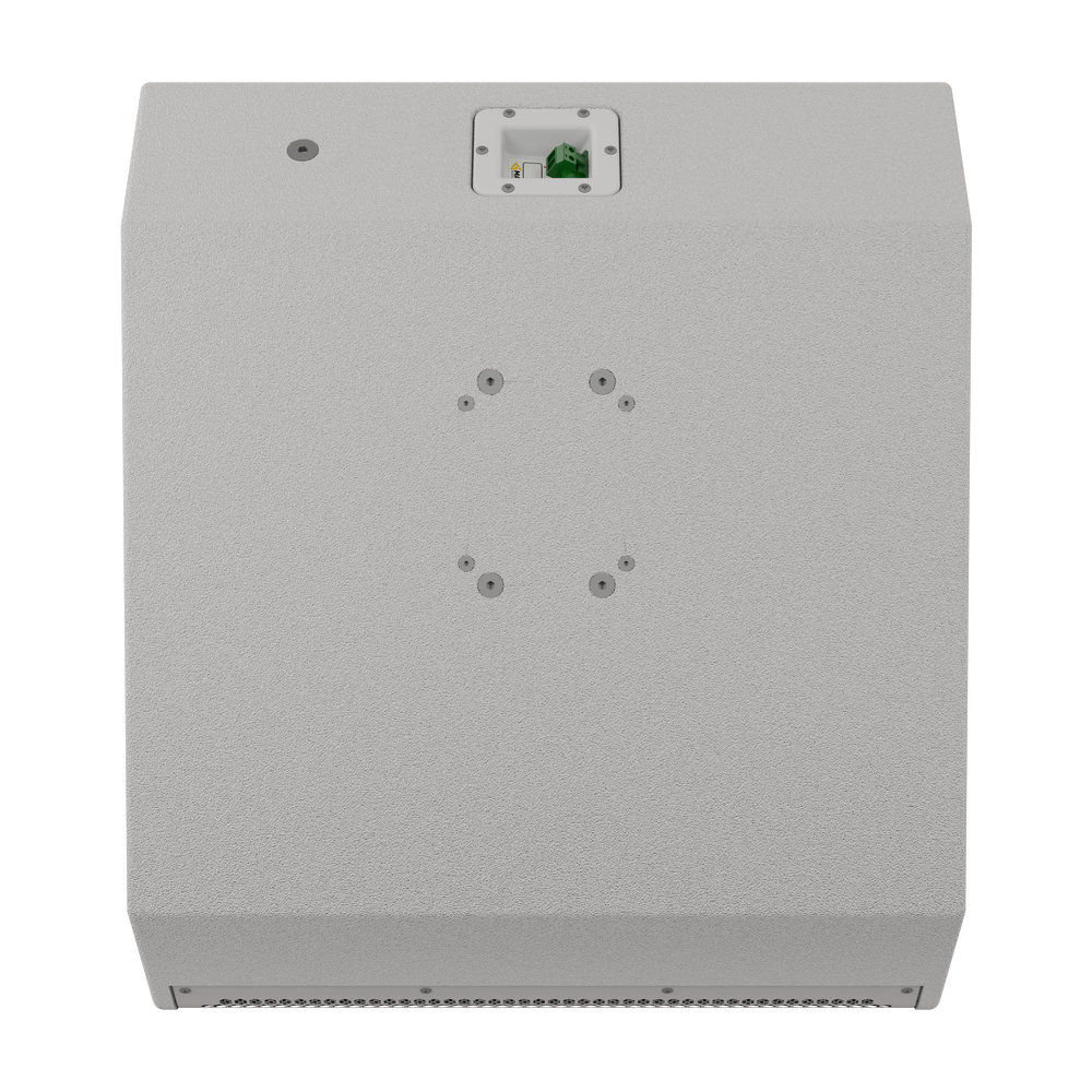 Light grey speaker with mounting bracket and terminal.