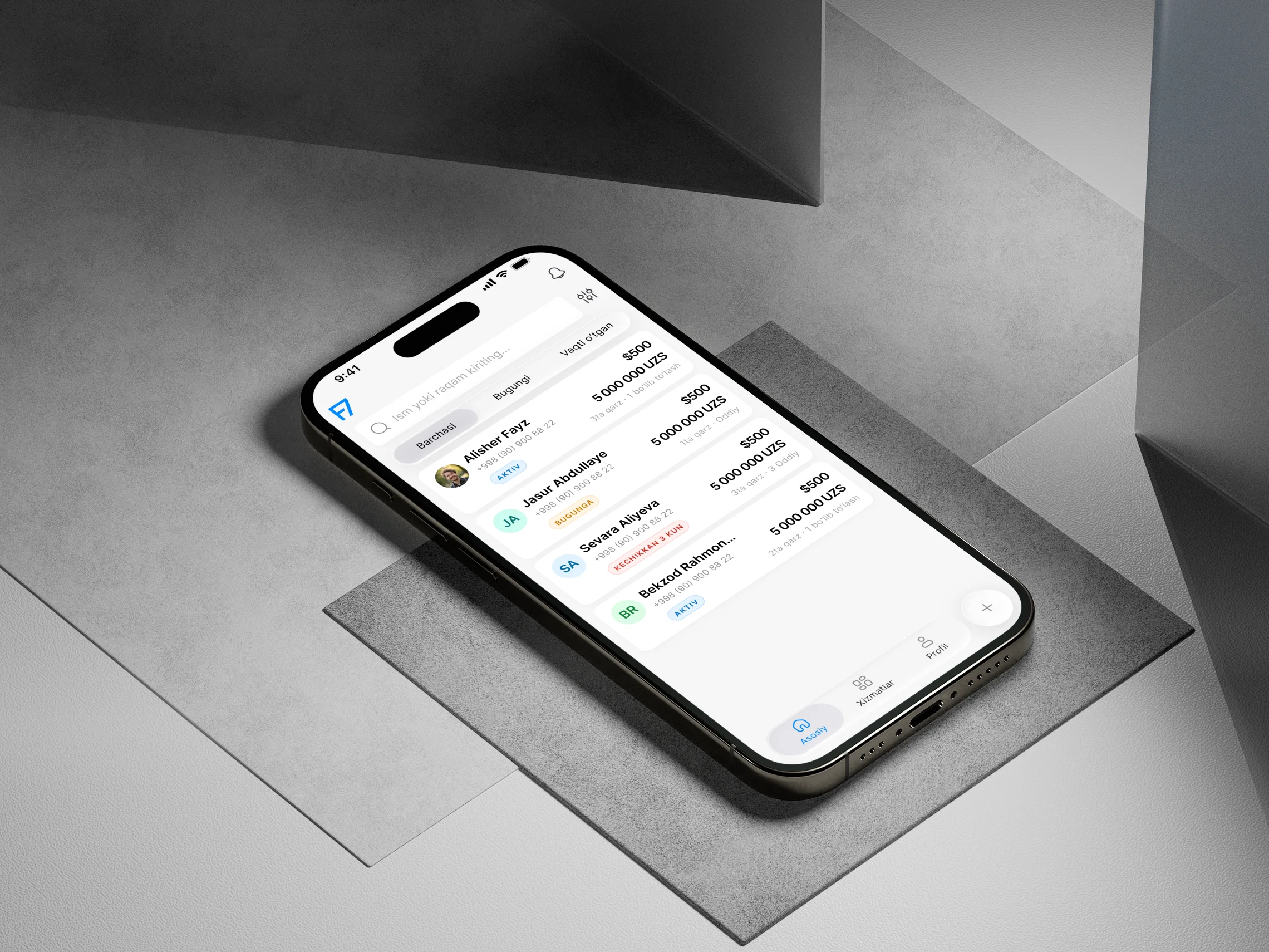 Fin7 debt tracking mobile UI — contacts and payment list screen, color-coded fintech app design for everyday merchants