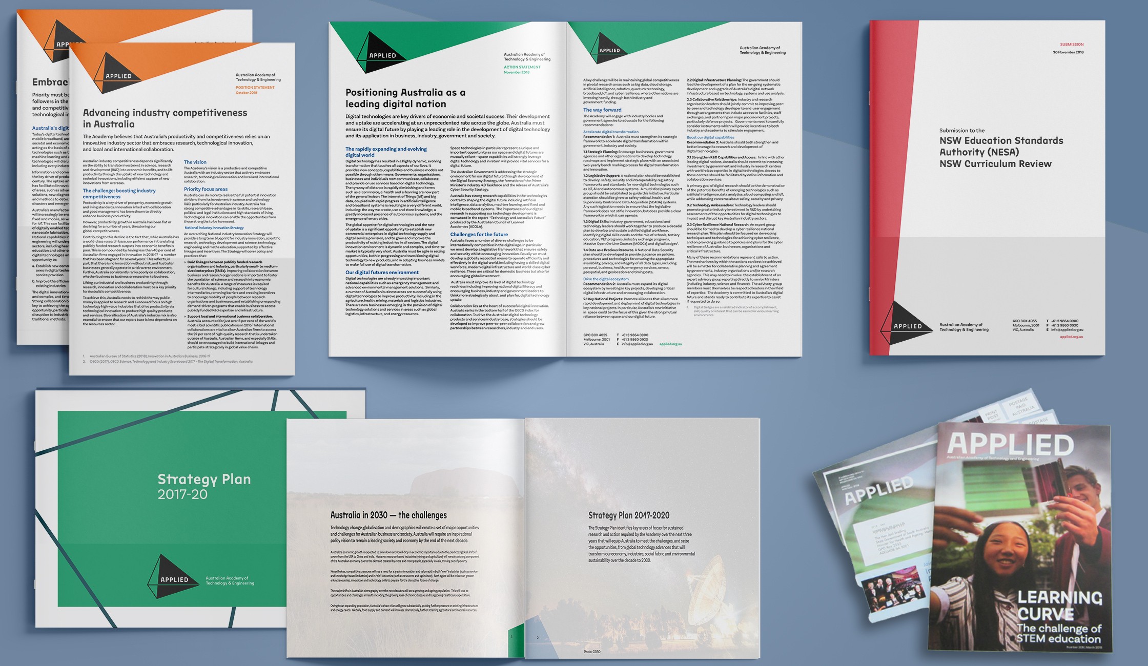 ATSE reporting outputs, magazine cover and postage-paid fly sheet template