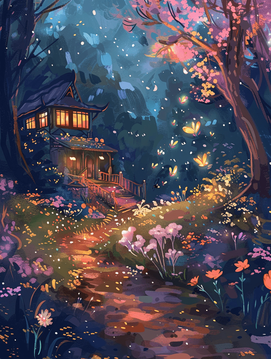 a fairy tale house in an extraterrestrial garden with alien plants, glowing flowers, and strange, ethereal creatures floating around, set complying in the backdrop of a colorful nebula.