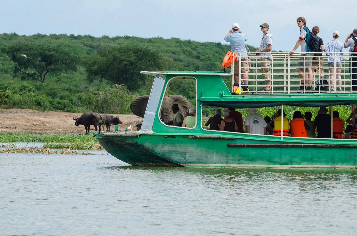 Tourists on a Kazinga Channel Boat Cruise watching wildlife