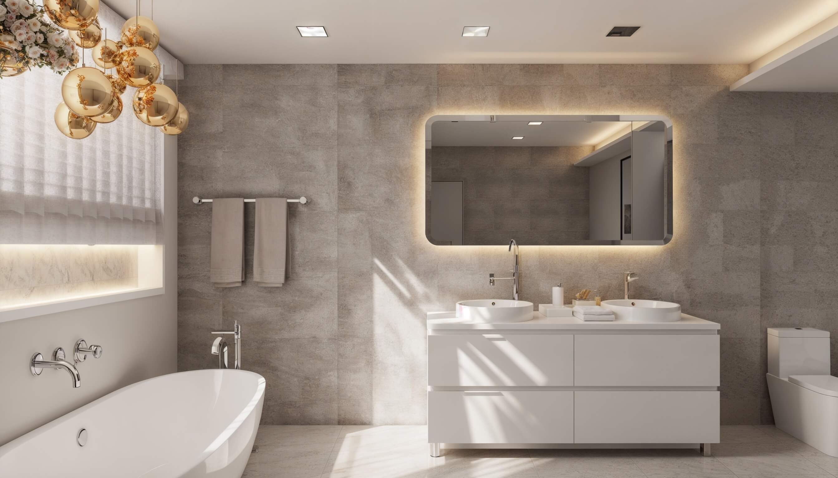 Luxury modern bathroom with freestanding bathtub, floating double vanity, warm lighting, and soft stone textures.