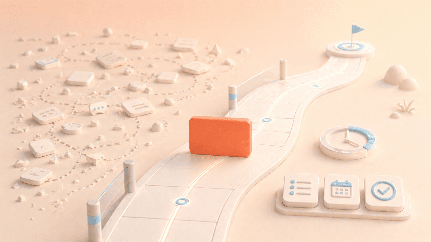 Minimalistische 3D-Illustration einer korallfarbenen Fokuskarte, die auf einem klar geführten, strukturierten Pfad voranschreitet, während links chaotische, fragmentierte Aufgaben- und Umwegstrukturen verstreut sind und rechts geordnete Aufgaben-, Kalender- und Zeitsymbole ein effizientes, reibungsarmes System darstellen.