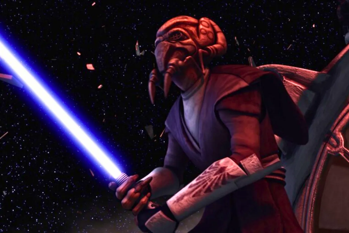 Jedi Master Plo Koon wields his blue lightsaber in the depths of space, surrounded by debris from a battle. His determined expression and battle-ready stance highlight his leadership during the Battle of Abregado in The Clone Wars. The glowing blade contrasts against the dark void, emphasizing the intensity of the moment.