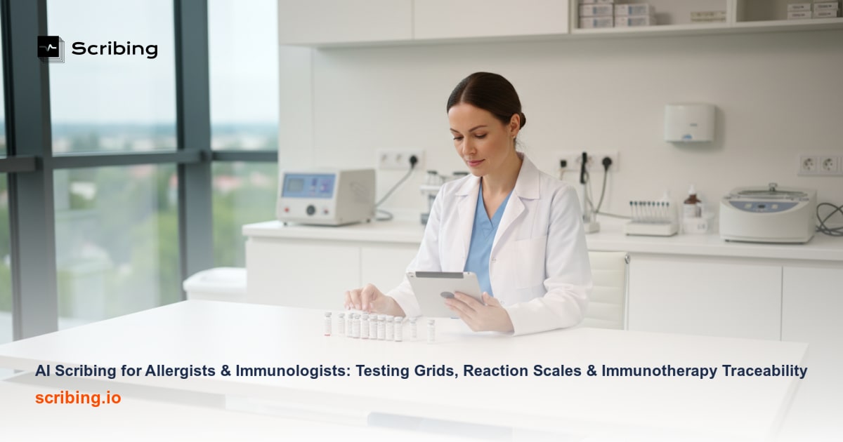 AI scribing solution for allergists showing allergy skin testing grid documentation and immunotherapy traceability workflow