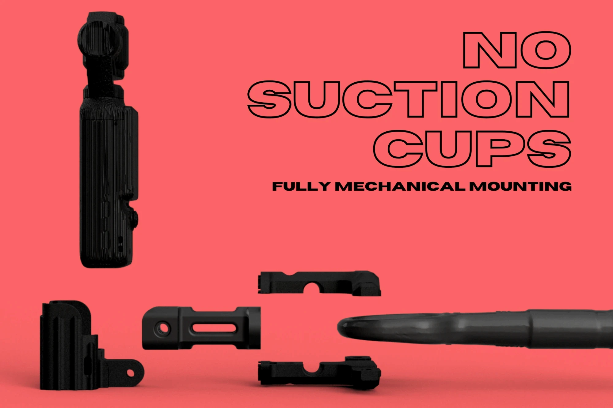 Exploded view of the four mount parts and a DJI Osmo Pocket