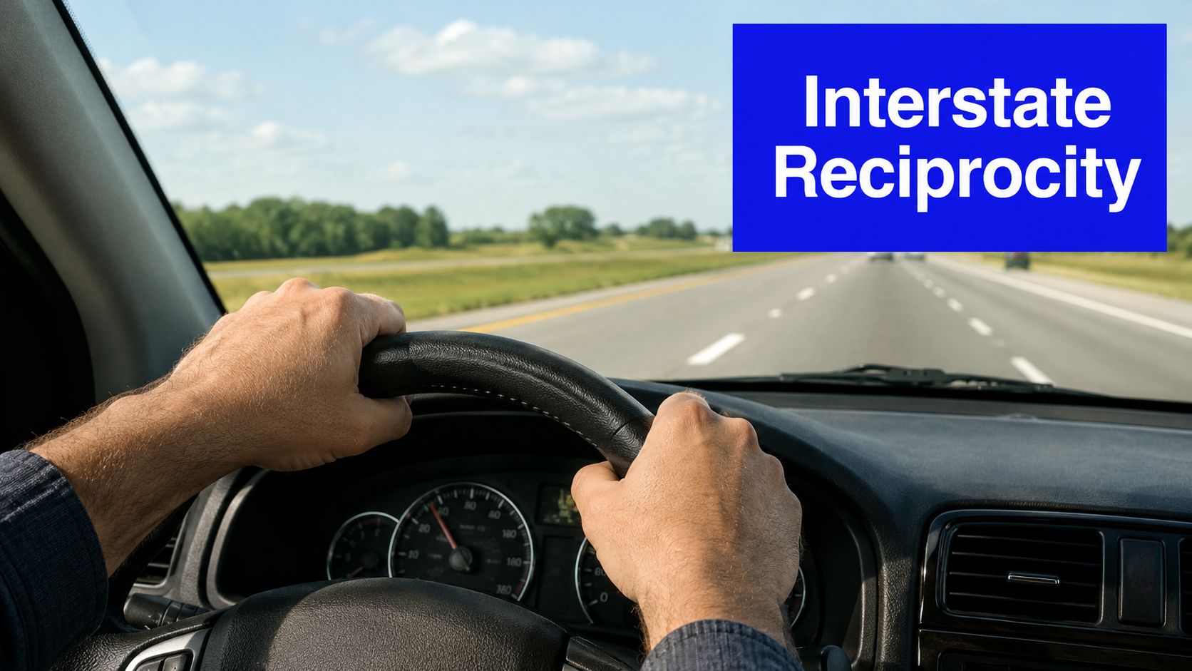A driver's perspective from behind the steering wheel on an open highway with text overlay reading Interstate Reciprocity.