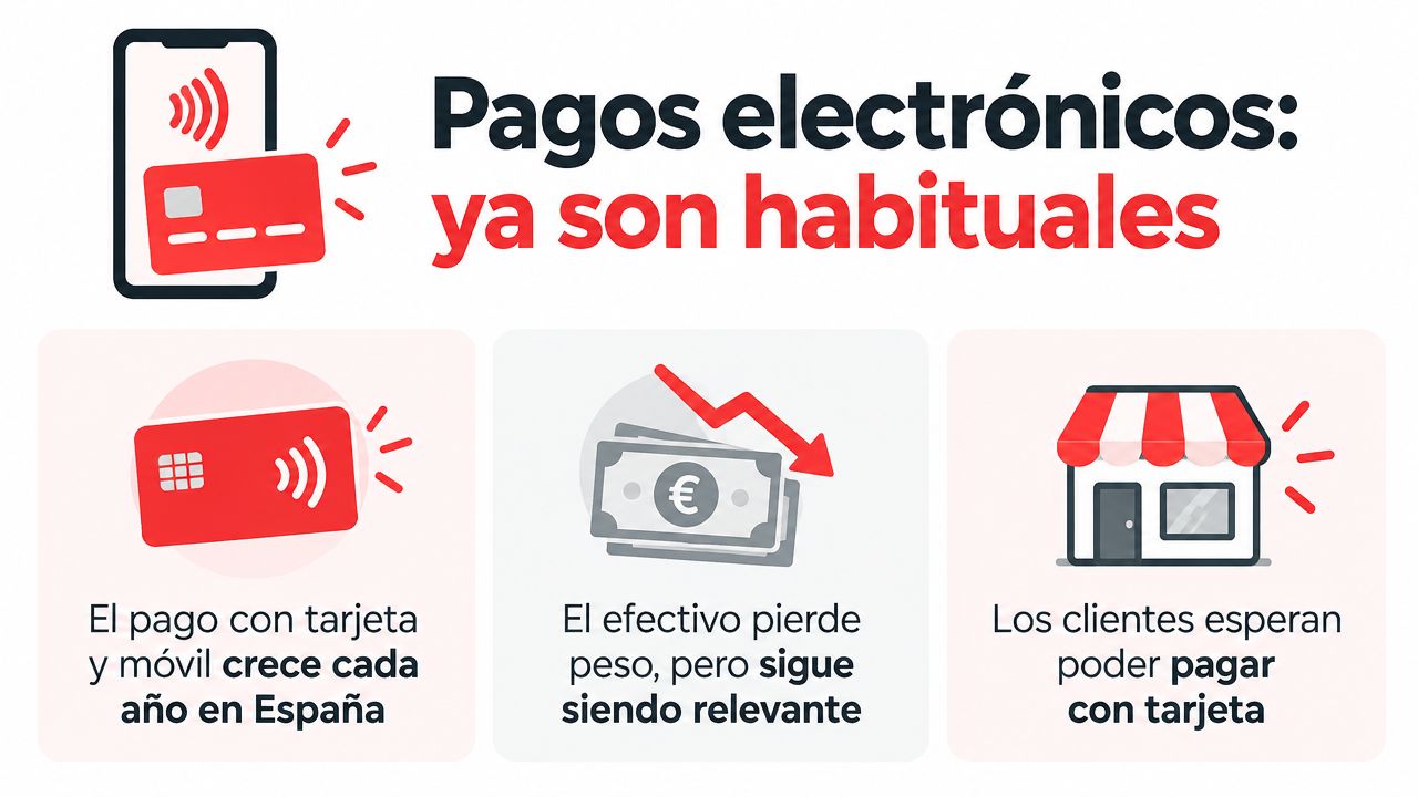 Gráfico sobre el uso creciente de pagos electrónicos, tarjetas y móviles en negocios españoles hoy en día.