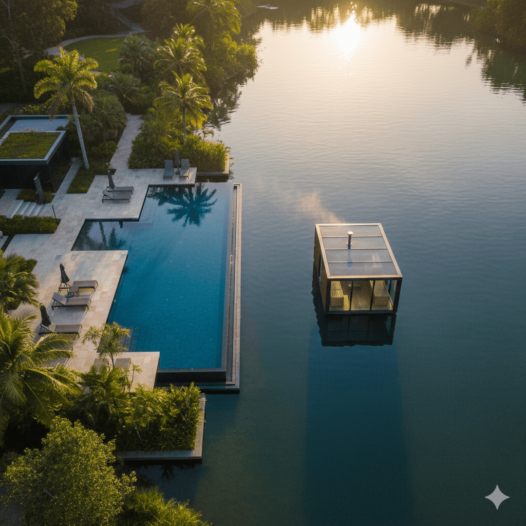Aerial view of M3M residential project's scenic pool and unique floating sauna amenity