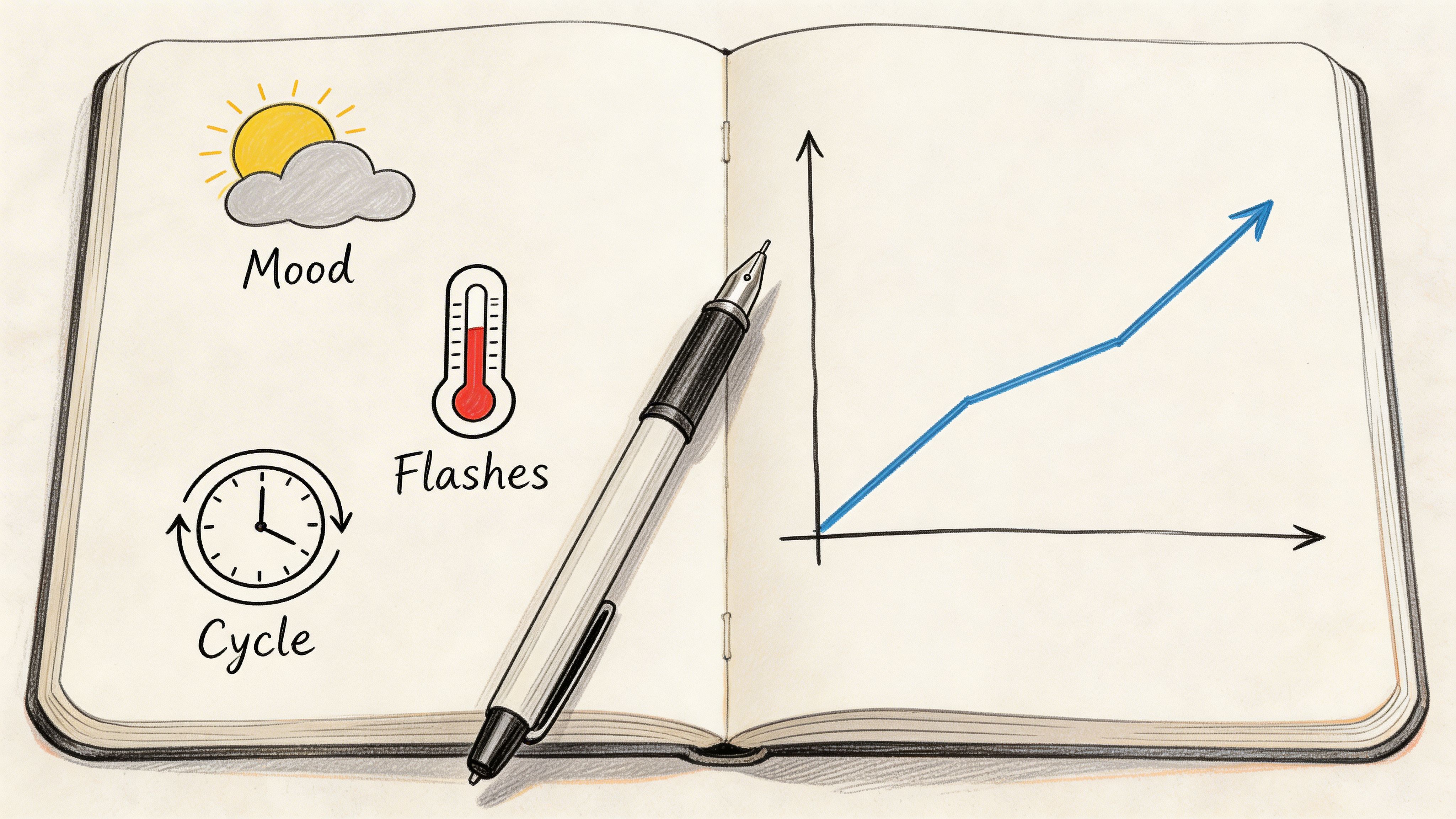 A hand-drawn illustration in a journal showing symptoms of perimenopause like mood changes, hot flashes, and cycle irregularities.