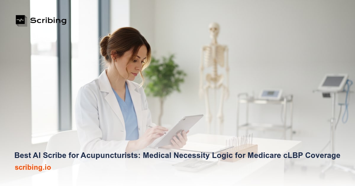 Acupuncture treatment room with AI documentation tablet illustrating medical necessity logic for Medicare chronic low back pain coverage